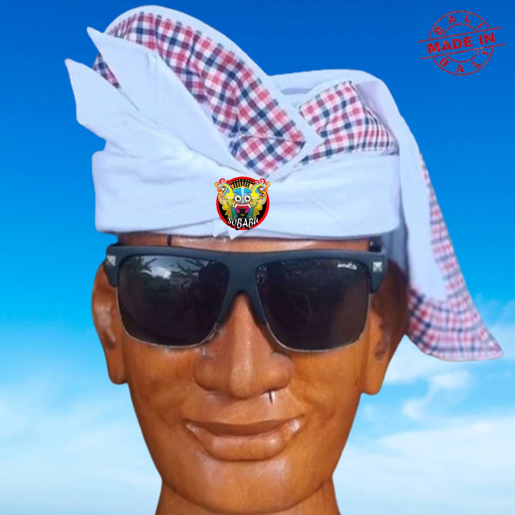 Udeng Bali Putih Polos Pecalang Lis Kotak Merah Kombinasi Hitam Setengah Jadi - Ikat Kepala Pria Ude