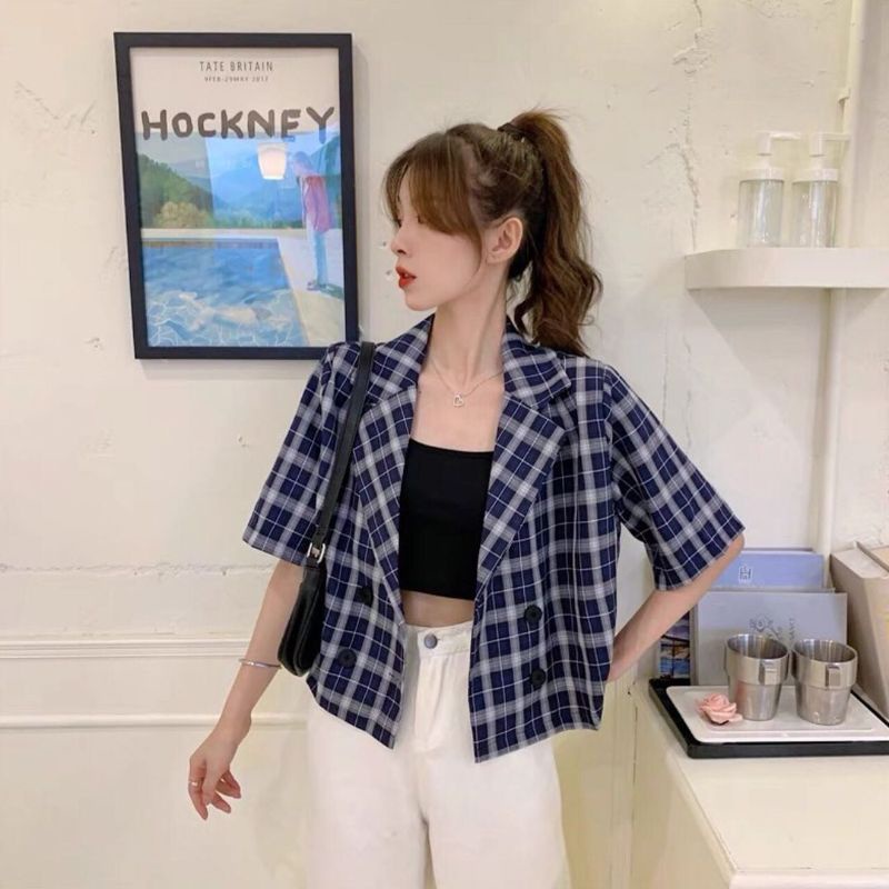 QUEEN SAKURA - Q3684B - POPPY SHORT SLEEVE BLAZER IMPORT - BLAZER MOTIF KOTAK KOTAK CASUAL KOREA WAN