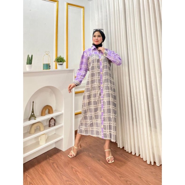 DRESS PANJANG MOTIF KOTAK BAJU VIRAL MIDI DRESS RAYON KANCING DEPAN