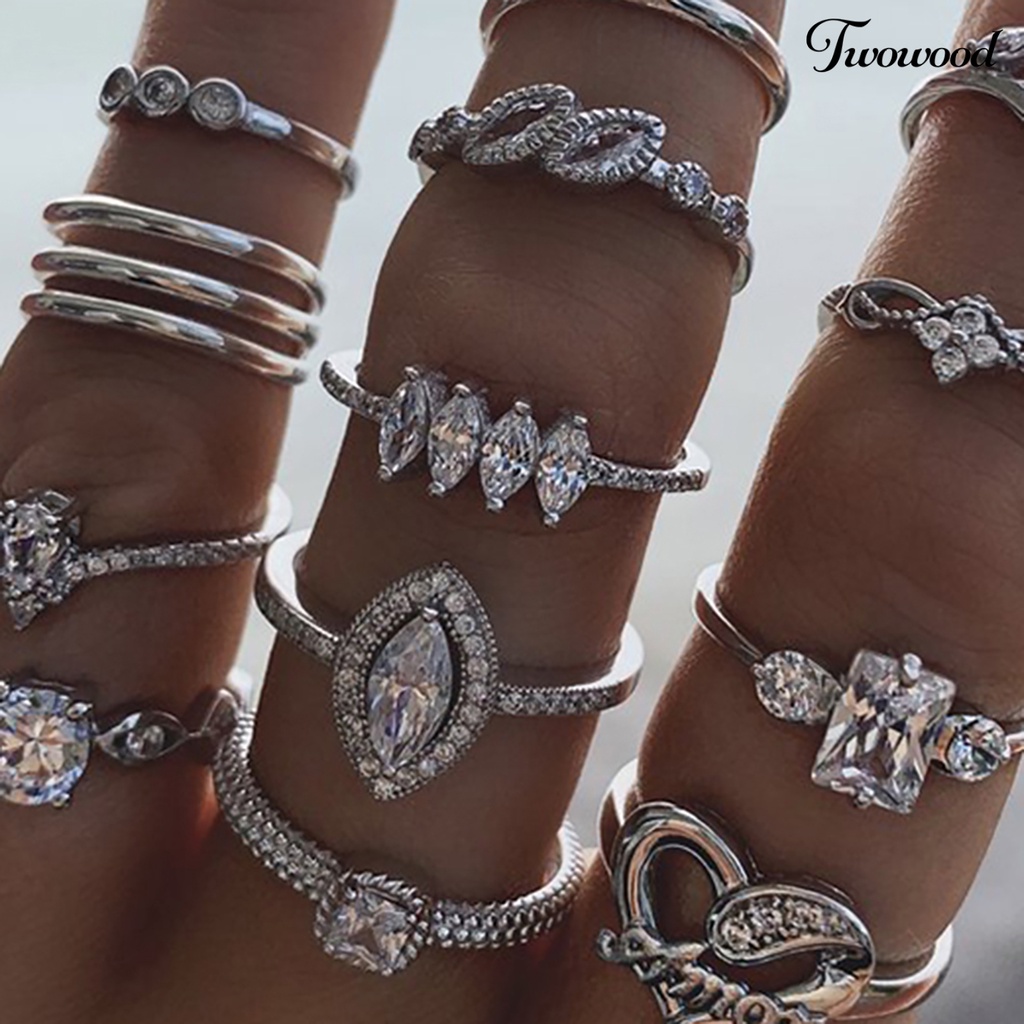 15pcs / Set Cincin Jari Stackable Aksen Berlian Imitasi Gaya Bohemian Untuk Wanita