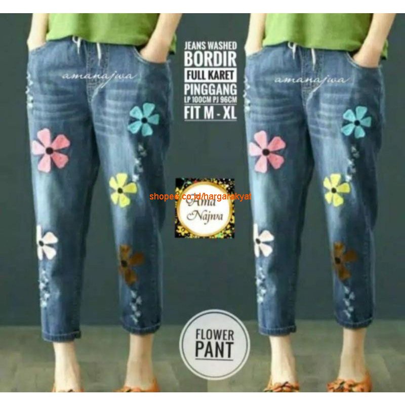 Celana Bordir Bunga Pelangi Kekinian Outfit FLOWER #5 - Korean Style Bordir Jeans Wanita