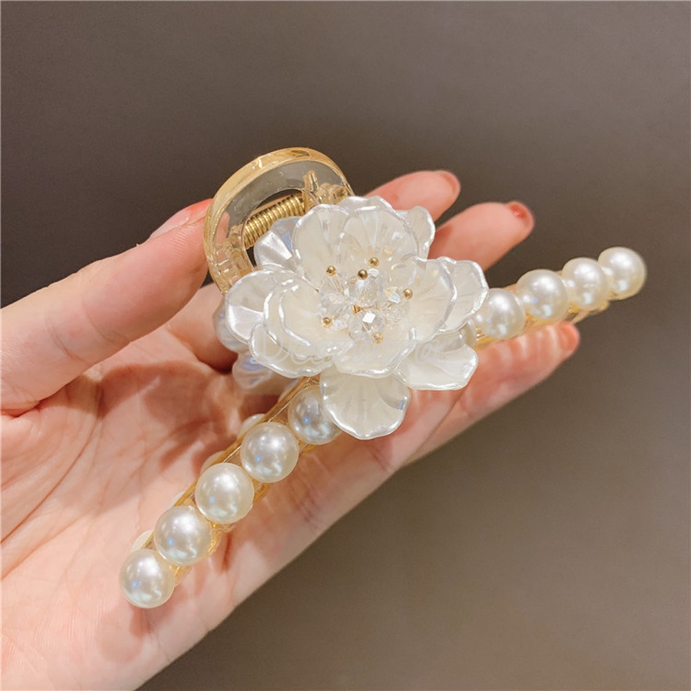 Elegant Resin Flower Pearl Hair Clip Women Hair Bun Claw Hairclip Barrette