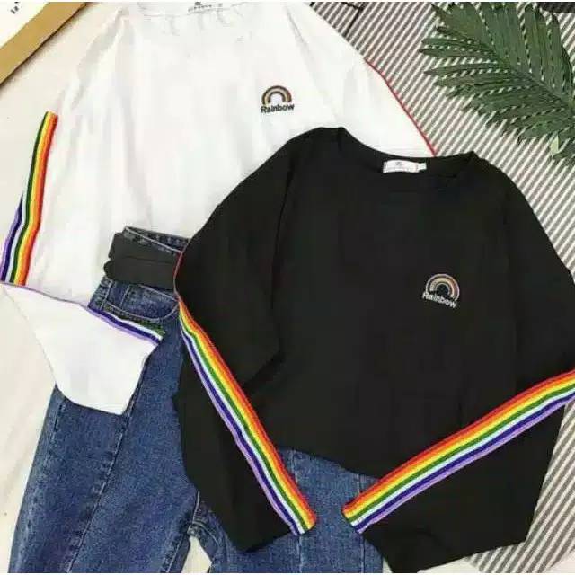 LAND SWEATER RAINBOW  BAJU  GARIS PELANGI BAJU  WANITA 