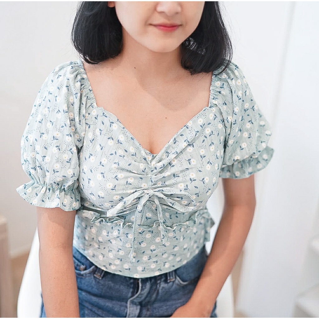 BEFAST - ZFS OOTD Blouse SANIA / KANARA KOREAN CRINCLE TOP / Blouse Wanita Model Smock / Pakaian Lengan pendek Karet / Blouse Crop Kekinian Remaja Wanita / OOTD Ala Korean Style / Blouse Crop Motif