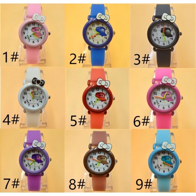 JAM TANGAN MURAH CEWEK JAM TANGAN SILICONE QUARTZ ANALOG MOTIF KARTUN HELLO KITTY WARNA PERMEN A07