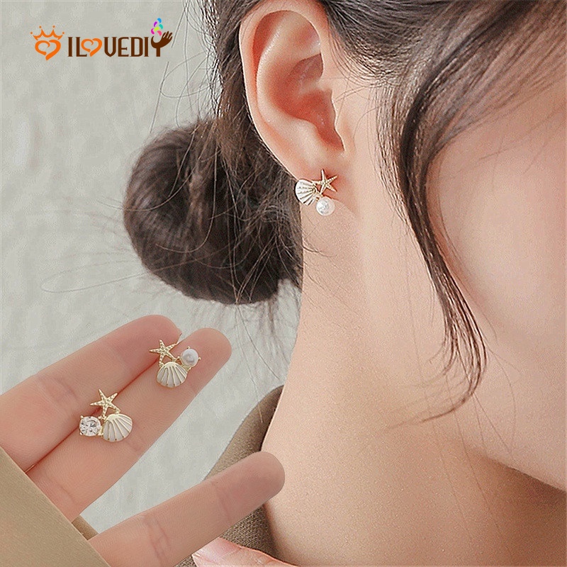 Anting Stud Zircon Mutiara Berlian Imitasi Bentuk Bintang Laut Kerang Gaya Bohemian Korea Untuk Wanita