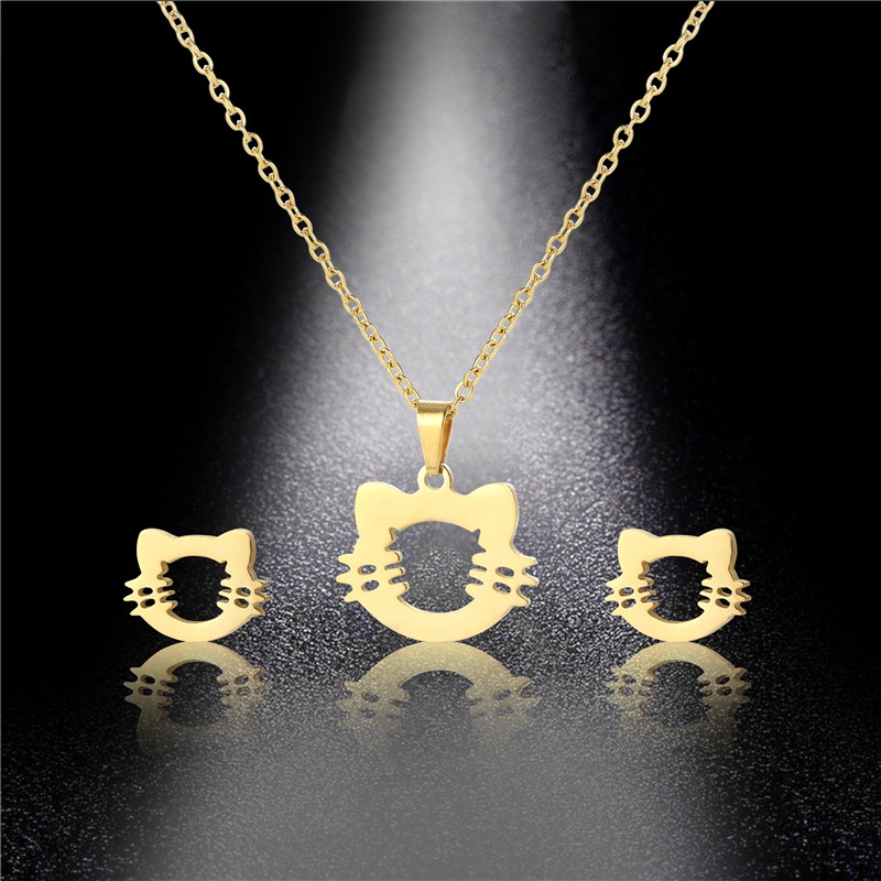 Anak kucing lucu liontin anting-anting kalung set kucing sweter rantai wanita berlapis emas stainles