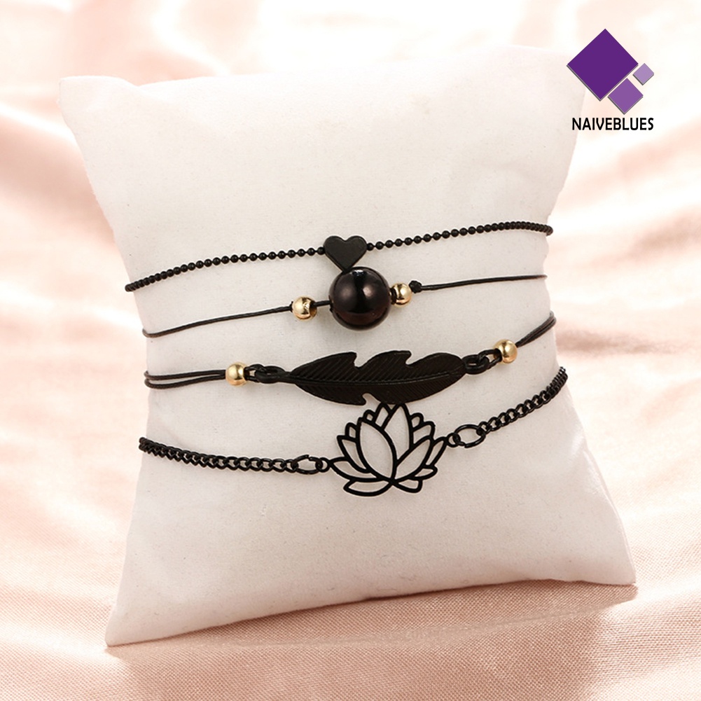 Naiveblue 4Pcs / Set Gelang Tangan Rantai Fashion Aksen Hati / Lotus / Bola / Daun Untuk Perhiasan Wanita