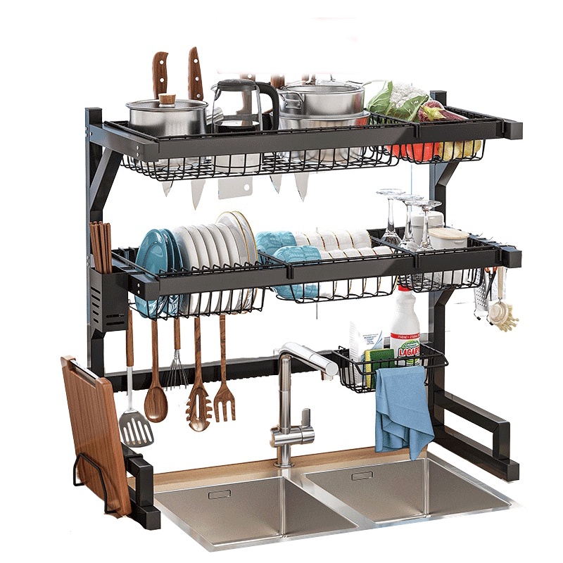 KAGK Rak Cuci Piring Dapur Stainless Hitam Rak Wastafel Rak Piring Dan Peralatan Dapur Kokoh Kuat