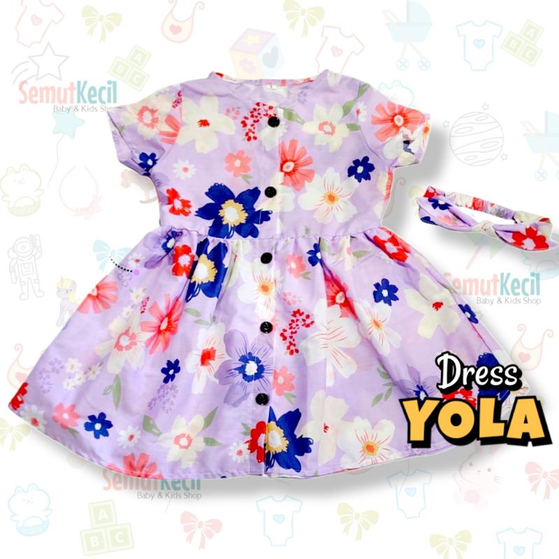 YOLA 1-4 THN DRESS ANAK BAYI PEREMPUAN KANCING DEPAN KATUN CATRA FREE BANDANA Baju Anak Bayi Perempuan Cewek Dres Baby Girl-F LilacFloWhtBlue