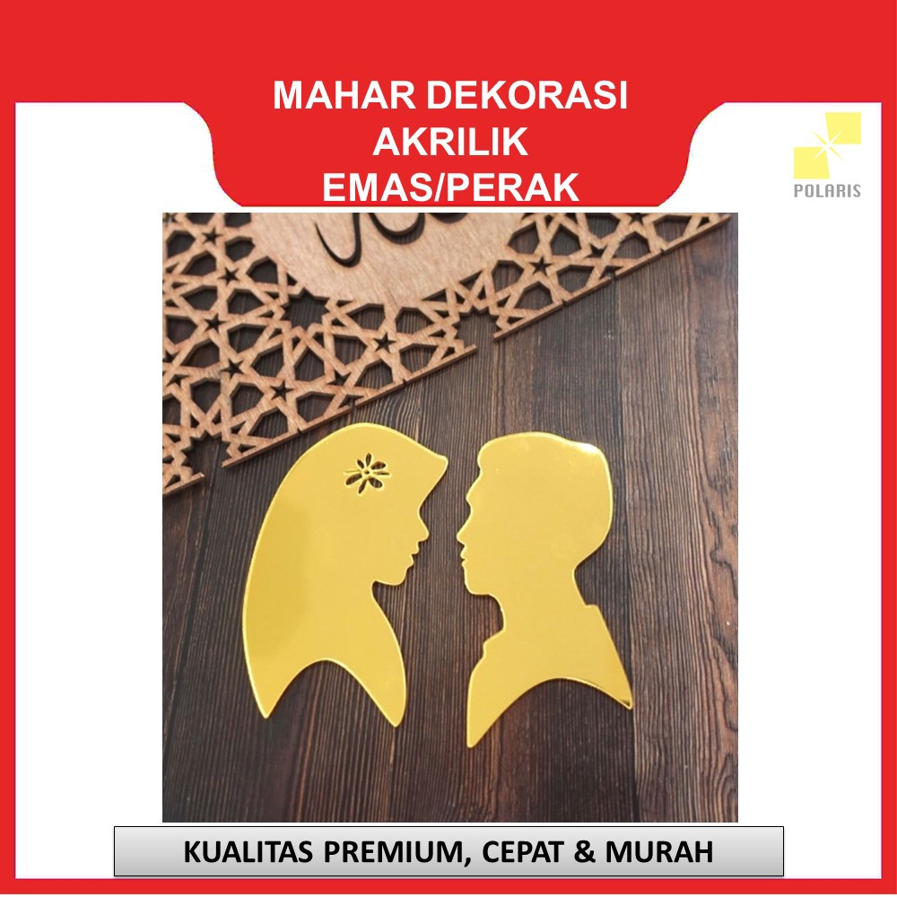 SILUET COUPLE MUSLIM AKRILIK EMAS KILAP MIRROR GOLD UNTUK DEKORASI MAHAR LASER CUTTING