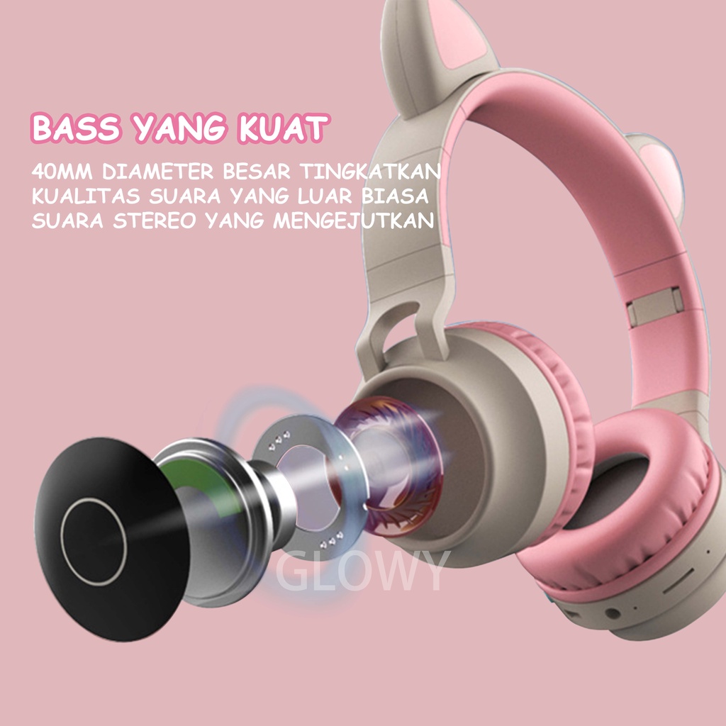 Telinga kucing motif baru headphone bluetooth 5.0 wireless lucu tren headset bluetooth warna pink headphone olahraga headset gaming super lama daya tahan baterai