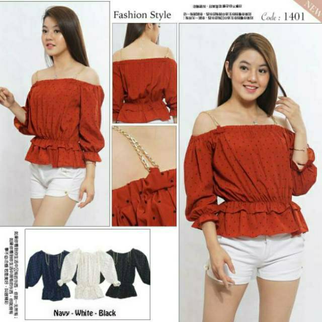 Blouse sabrina tangan 3/4 kerut tali pundak rantai