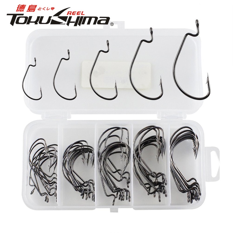 50Pcs Wide Gap Worm Fishing Hooks Jig Crank Big Bass Hook Black High Carbon Steel Crank Barbed Hook for Soft Fishing Lure