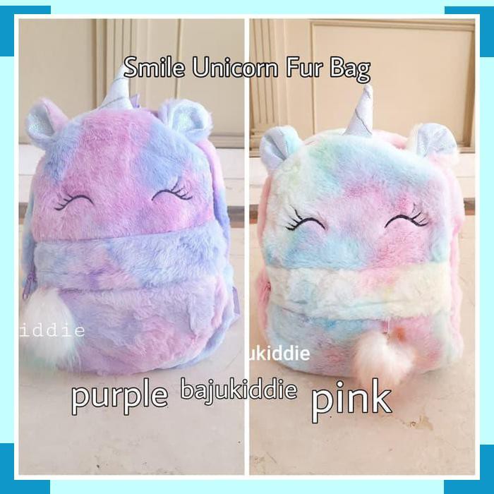 BAJUKIDDIE SMILE UNICORN FUR BAG tas sekolah anak bulu ala smiggle lol