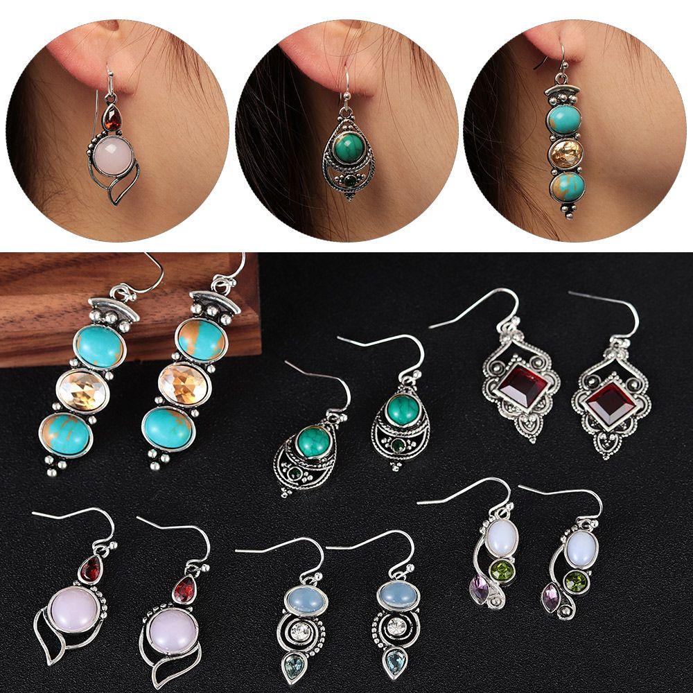 Lily 1pasang Moonstone Anting Pesona Hadiah Kait Vintage Perhiasan Pertunangan Pernikahan Turquoise