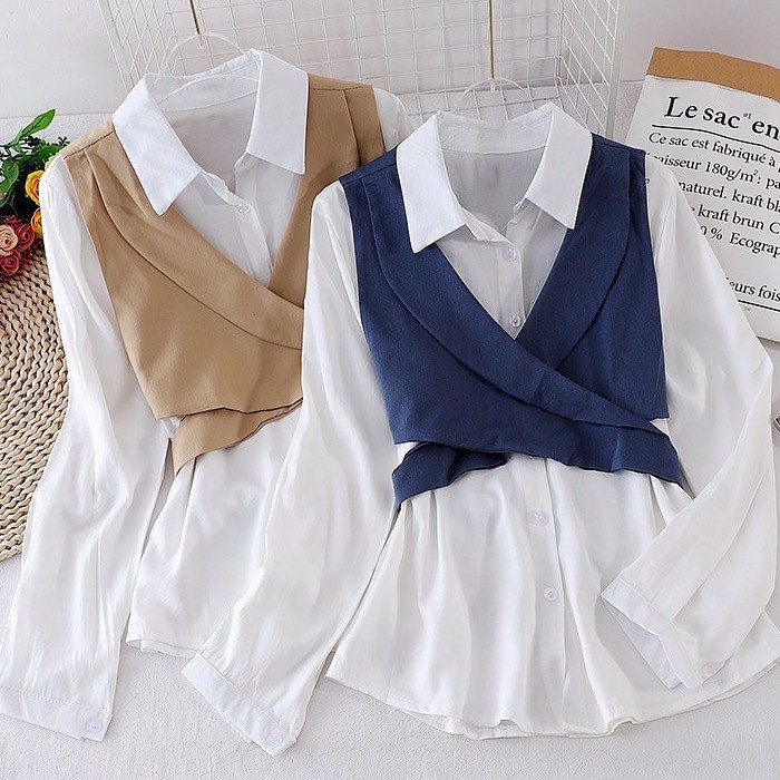 TOP BLOUSE DEANDRA / BLOUSE 2IN1 FREE ROMPI / KOREAN STYLE (BANYAK SIZE M. L. XL)