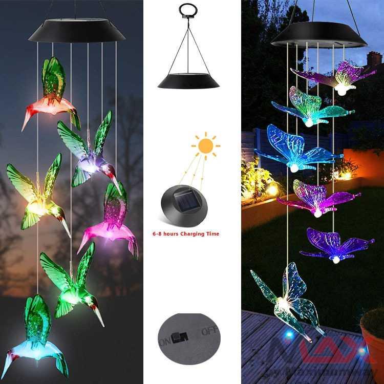 Lampu Hias Teras atau taman tenaga matahari anti air burung kristal rumah lampu pajangan Gantung LED Wind Chime Light tenaga surya solar panel LED Solar Wind Chime Crystal Ball Hummingbird Wind Chime Light Color Changing Waterproof Hanging Solar Light