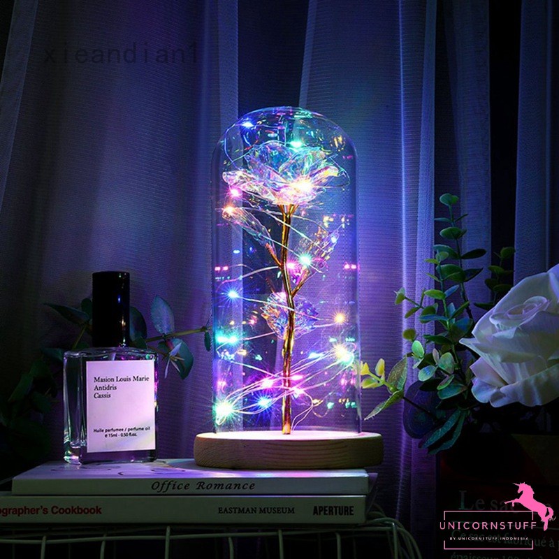 Methalic Series - Galaxy Rainbow Kiss Miniatur Flower Dome Bunga Lampu Kaca Ulang Tahun Valentine Kado Pacar Hadiah Unik Perempuan Graduation Anniversary Awet Flower Mawar Dome Kayu Belle flower Murah Tidak Layu