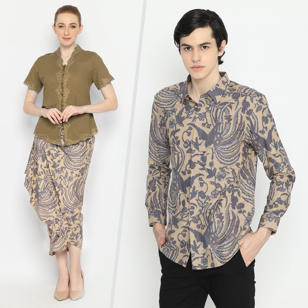 BATIK COUPLE MODERN Kemeja Rok Lilit Instan Batik Pria Lengan Panjang Premium Motif Phoenix Cream 721054 CAP 72