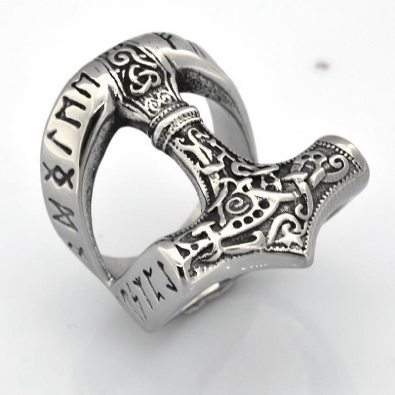 Cincin Silver Bentuk Palu Thor Gaya Punk Viking Untuk Pria