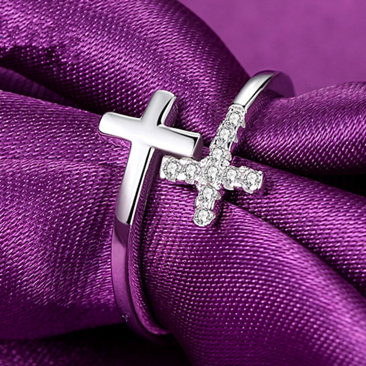 perak asli 925 cincin Wanita Cross Adjustable Cincin Fashion Perhiasan