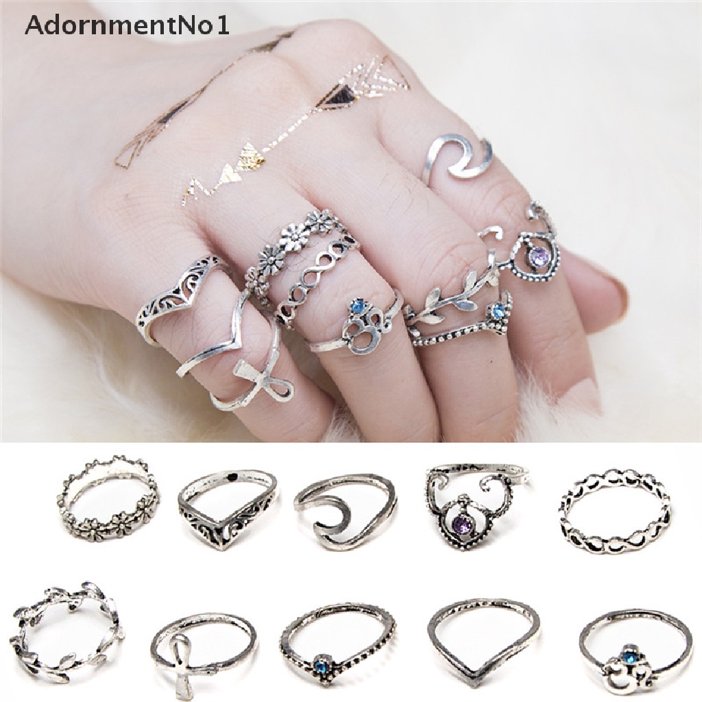 (AdornmentNo1) 10pcs / Set Cincin Knuckle Desain Daun / Geometri / Infinity Hollow Hias Kristal Gaya Unik Untuk Wanita