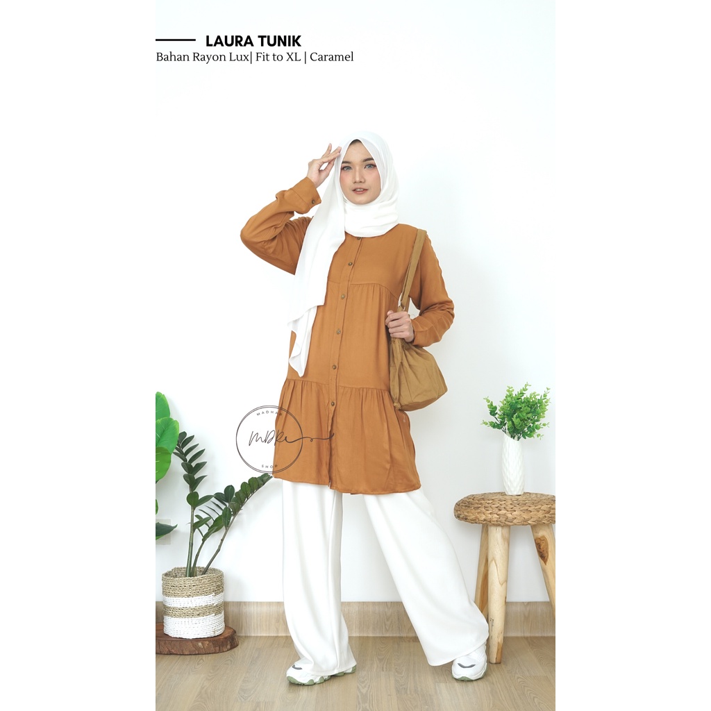 Laura Tunik Baju Atasan Wanita Muslim Busui Jumbo Polos Bahan Rayon Lux Premium Adem Fit to XL Ld 114 - Pakaian Wanita Remaja Full Kancing Depan Terbaru - Tunik Putih Basic Lengan Panjang Terlaris