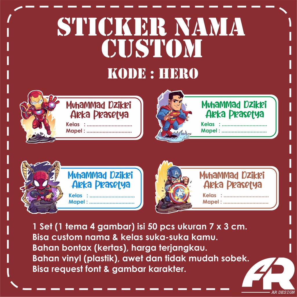 

Sticker Label Nama Buku Custom Tempelan Lucu Murah - Superhero