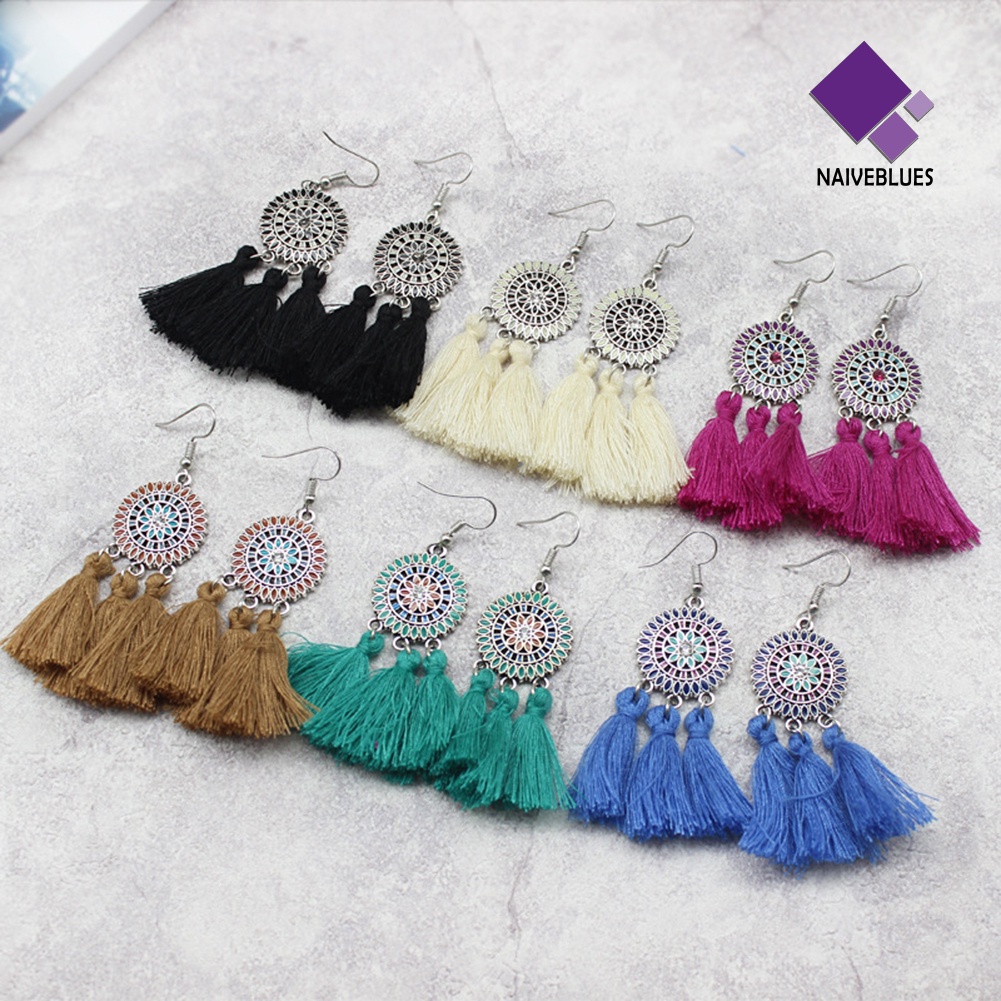 Naiveblue &gt; Anting Gantung Panjang Kait Gaya Boho Motif Bunga Matahari + Rumbai Untuk Perhiasan Wanita