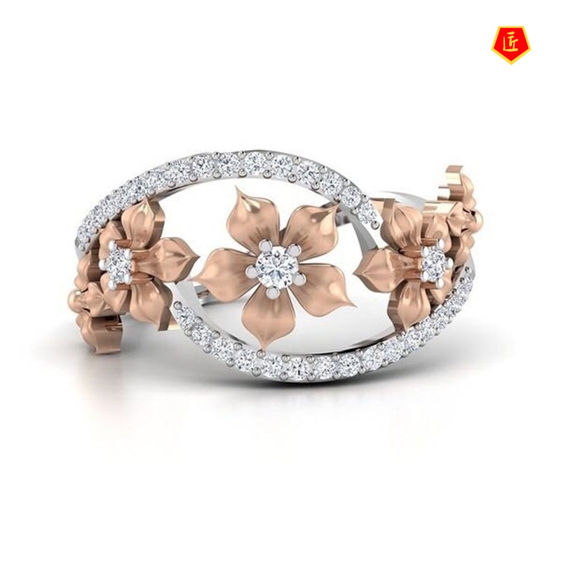 [Ready Stock]Color Separation Ring Female 18K Rose Gold Flower Rhinestone-Embedded Ring