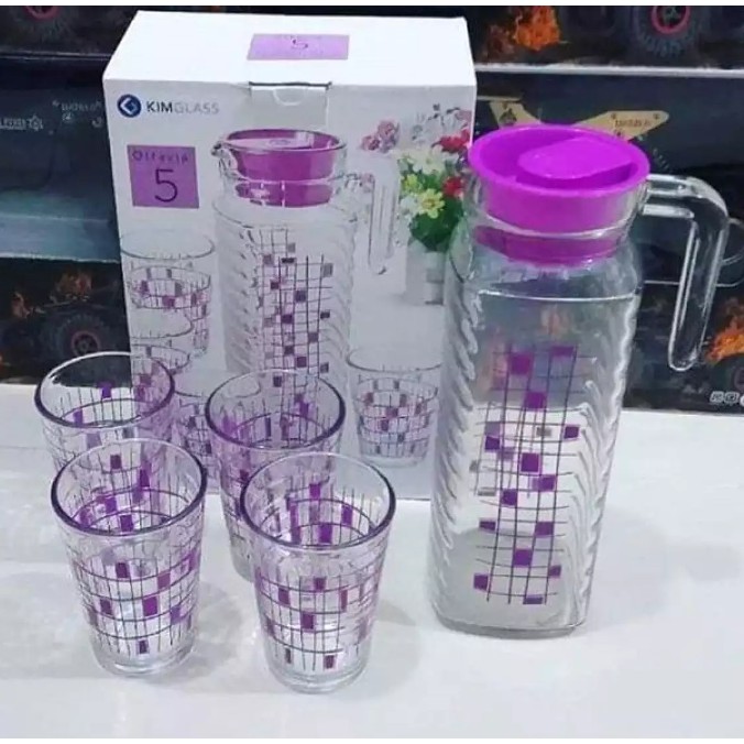 tekot kimglass 5 in 1 / teko set 4 gelas / teko beling kimglass / teko beling 5 in 1