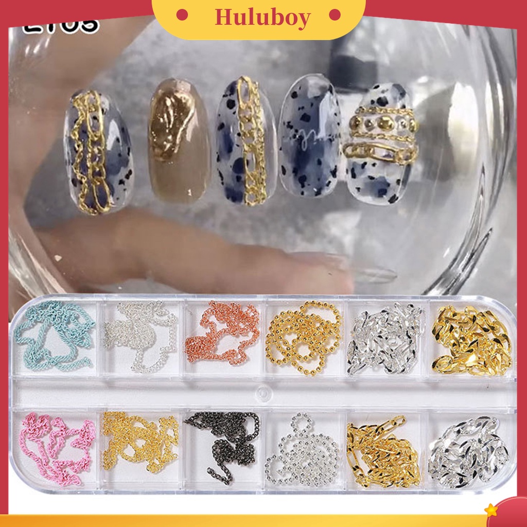 Huluboy Huluboy♡ 12pcs / Set Ornamen Rantai Berlian Imitasi 3D Bahan Metal Untuk Dekorasi Kuku Wanita
