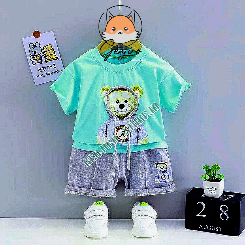 SETELAN ANAK LAKI LAKI/SETELAN ANAK COWOK LENGAN PENDEK CELANA PENDEK/GANBAR PRINT BEAR/AKSEN TALI HOODIE/UNTUK USAI 6 BULAN - 4TAHUN/BISA COD