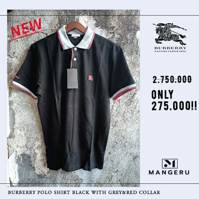 KAOS POLO PRIA BURBERRY ORIGINAL / BURBERRY MEN POLO SHIRT BLACK WITH RED STRIP COLLAR ORIGINAL