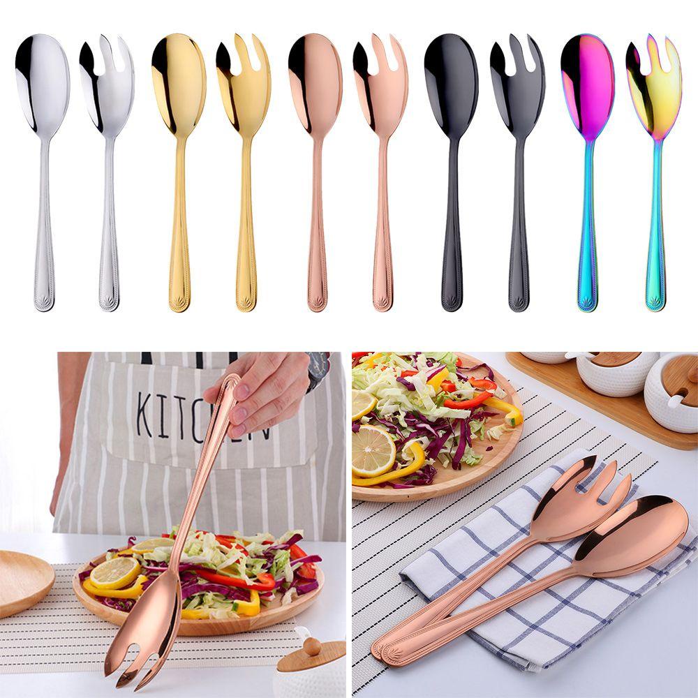 Solighter Salad Spoon Fork Colorful Unik Sendok Makan Saji Makanan Set Stainless Steel Gold Tableware