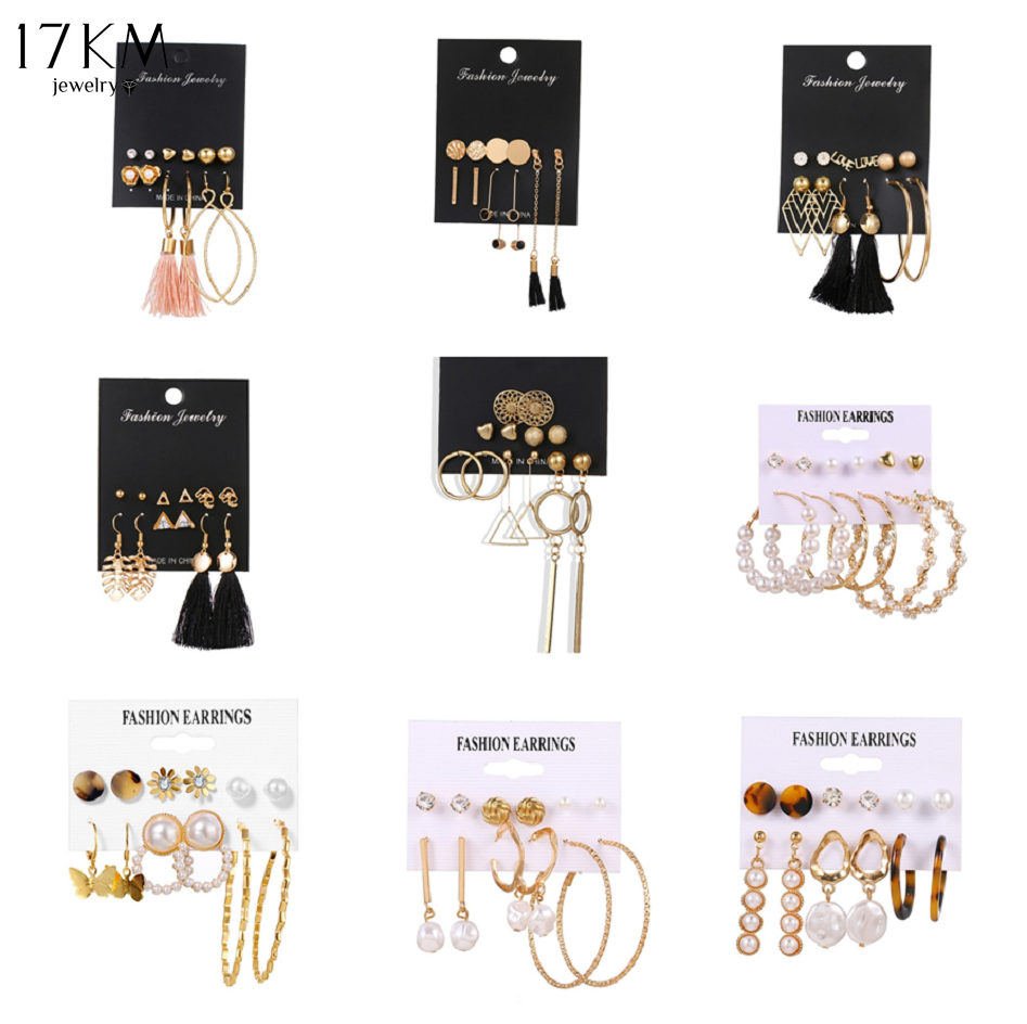 Set Anting Stud Rumbai Bentuk Hati Geometris Aksen Mutiara Kristal Gaya Bohemian 17km Untuk Wanita