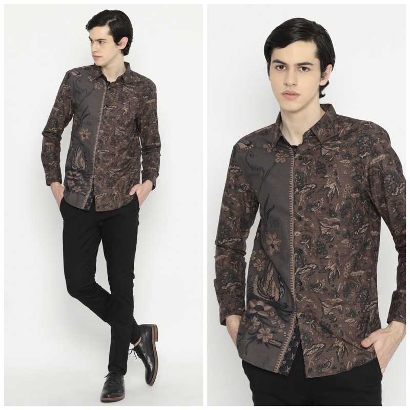 KEMEJA BATIK PRIA Slimfit Lengan Panjang Premium Two Tone Siang Sore Coklat Chokelat 725430 Cap 72 - Baju Kemeja Atasan Pakaian Setelan Batik Pria Cowok Laki Laki Remaja Keluarga Kantor Lengan Panjang Modern Slimfit Slim Fit Premium Kekinian