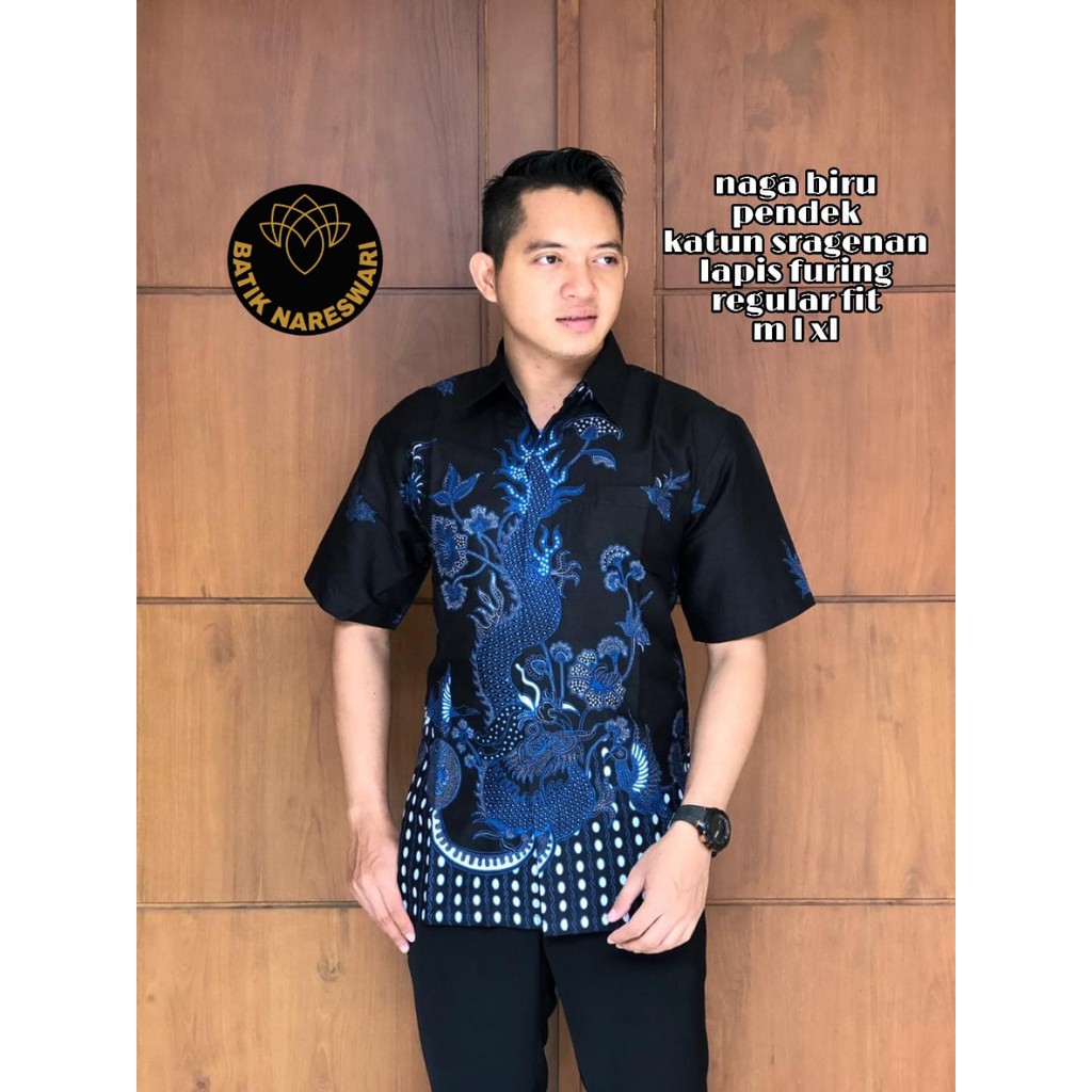 NAGA BIRU Kemeja Batik Pria Lengan Pendek | Hem Batik Pria FULL FURING NARESWARI