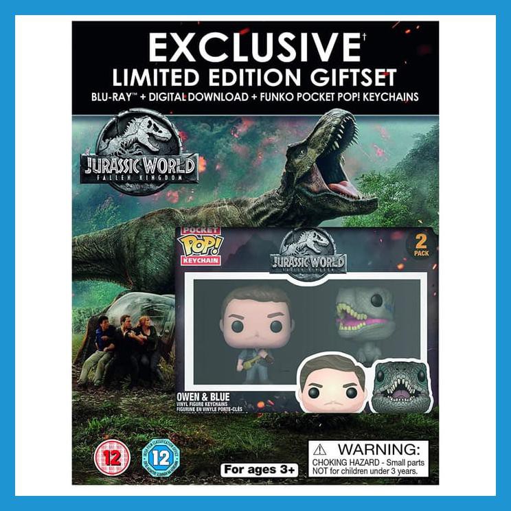 BLU RAY + 2 FUNKO POP KEYCHAIN JURASSIC WORLD 2 - OWEN & BLUE