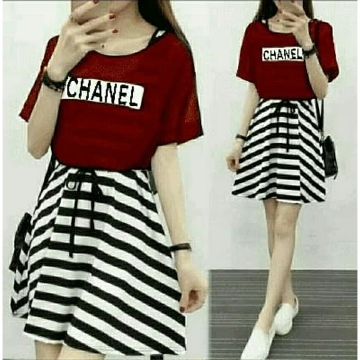 BAJU ATASAN DRES WANITA  Dress Salur Chanel Set - Maroon