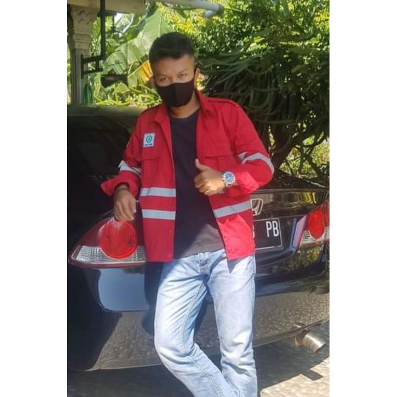 RESLETING BAJU SAFETY MERAH HSE BERLOGO K3 BENDERA SCOTLIGT DOBLE 4 CM