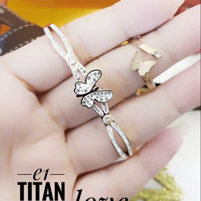 PROMO TERMURAH Set Perhiasan TITANIUM Anti Karat Gelang Cincin Kupu Butterfly Cantik Xuping Laris