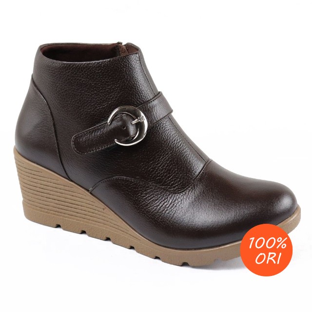 sepatu boots wanita hak tebal ankle wedges terbaru kulit asli Grutty IN151 Coklat