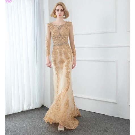 Elegant Gold Full Sleeve Evening Dresses Lace Embroidered Tulle Crystal Pearls Formal Evening Gown