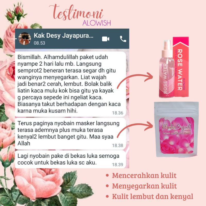 alowish Air mawar sulingan petani asli atau masker alowish