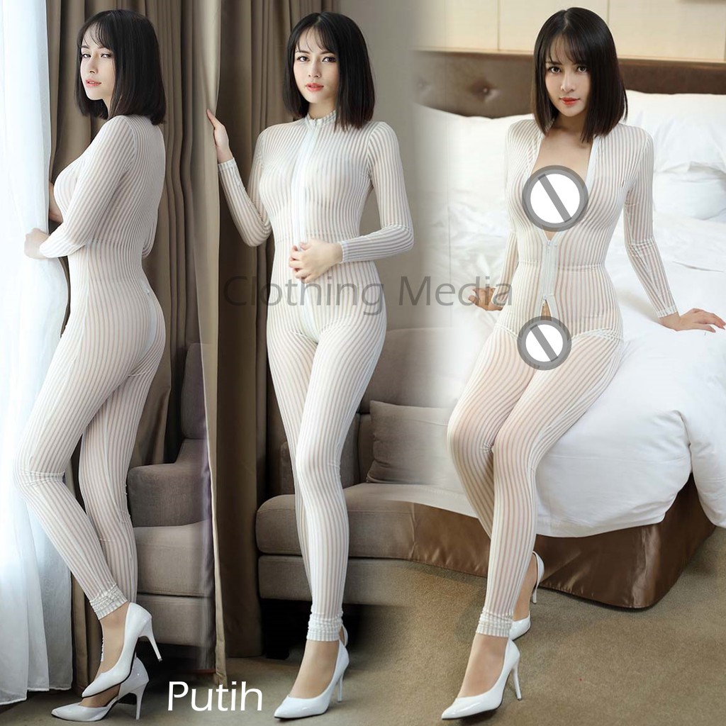 Full Bodysuit Silky Salur Warna Garis Bodystoking Dua Zipper Catsuit Bodycon Lingerie