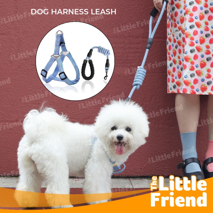 Dog Harness Leash Anjing Tali Tuntun Dada SET LINEN ROUND Ukuran S-XL