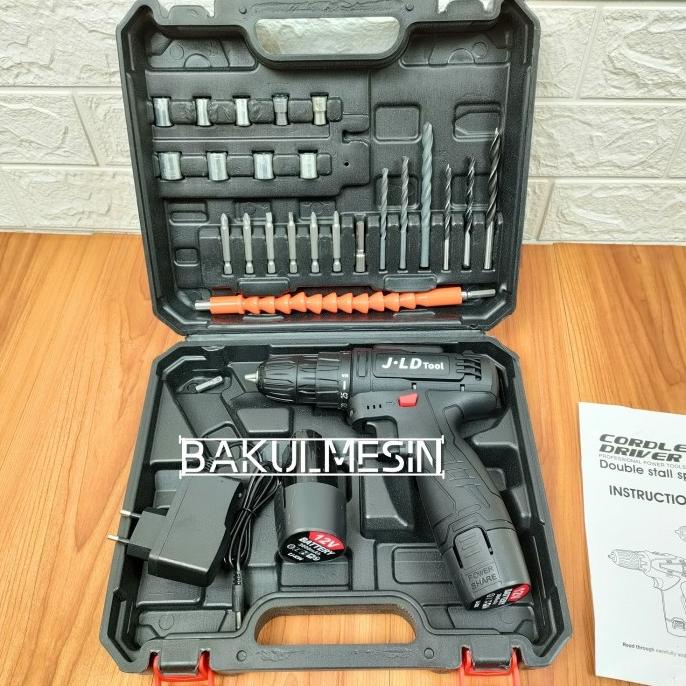 Mesin bor baterai JLD Cordless Drill 12V include Tool Kits 24Pcs