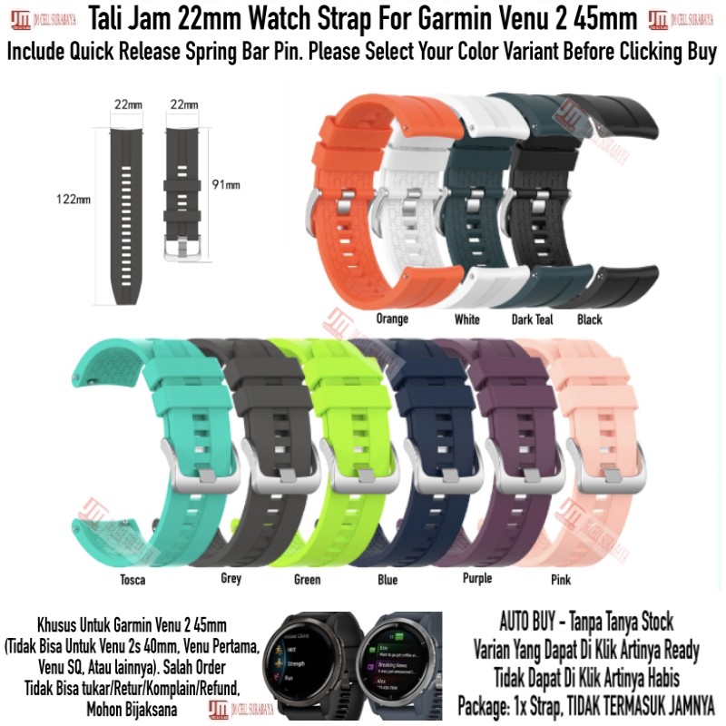 XLF Tali Jam 22mm Watch Strap Garmin Venu 2 45mm - Rubber Silikon Metal Buckle